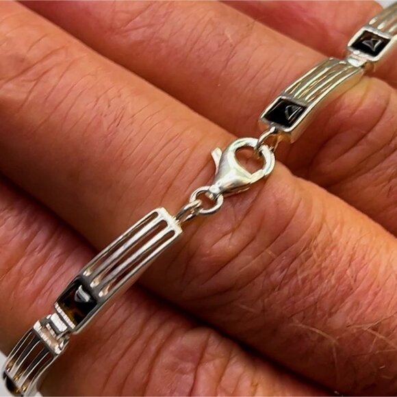 Baltic Amber & Sterling Silver 925 Bracelet With Rectangular Link Design - Picture 5 of 13